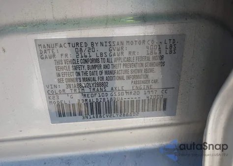 2020 Nissan Sentra Sv Xtronic Cvt z USA, uszkodzony, nr VIN 3N1AB8CV2LY288802